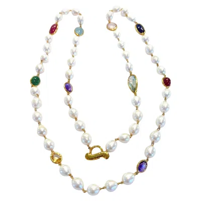 Pre-owned Bochic “capri” Vintage Pearl, Ruby, Sapphire, Aquamarine, & Mix Gems Necklace In Multi