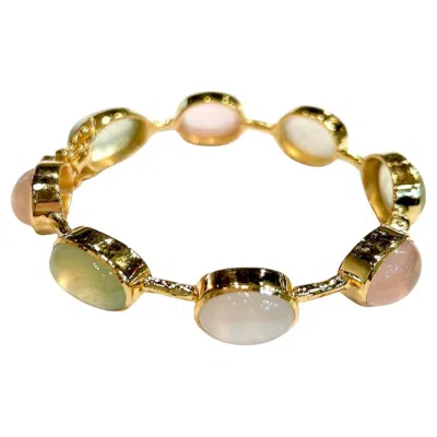 Pre-owned Bochic “capri” Vintage Pink Quartz, Peridot & Agate Bracelet 18k Gold & Silver