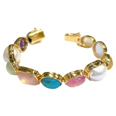 Pre-owned Bochic “capri” Vintage Pink Quartz, Peridot & Agate Bracelet Set In 18k Gold &