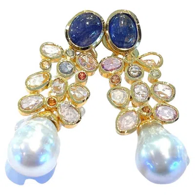 Pre-owned Bochic “capri” Vintage Rose Cut Sapphires & South Sea Earrings 18k Gold & Silver In Red