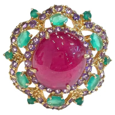 Pre-owned Bochic “capri” Vintage Ruby, Amethyst & Emerald Cocktail Ring 18k Gold & Silver In Purple