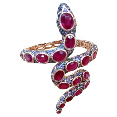 Pre-owned Bochic “capri” Vintage Ruby, Amethyst & Multi Gems Cuff Set In 18k & Silver In Purple