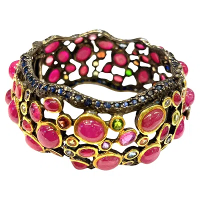 Pre-owned Bochic “capri” Vintage Ruby, Amethyst & Multi Gems Cuff Set In 18k & Silver In Purple