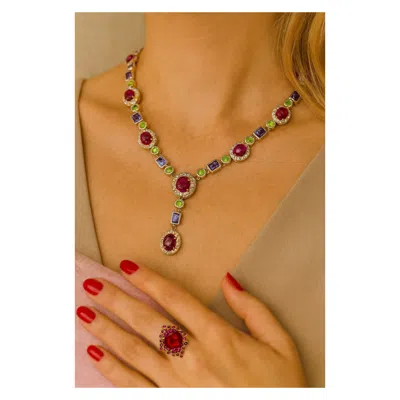 Pre-owned Bochic “capri” Vintage Ruby, Amethyst, Peridot Necklace Set 18k Gold & Silver In Purple