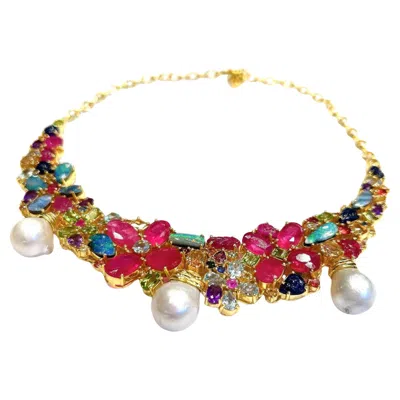 Pre-owned Bochic “capri” Vintage Ruby, Amethyst, Sapphire & Pearl Necklace 18k Gold & Silv In Purple