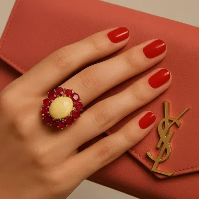 Pre-owned Bochic “capri” Vintage Ruby & Fire Opal Cluster Ring Set In 18k Gold & Silver In Multi