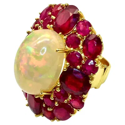 Pre-owned Bochic “capri” Vintage Ruby & Fire Opal Cluster Ring Set In 18k Gold & Silver In Multi