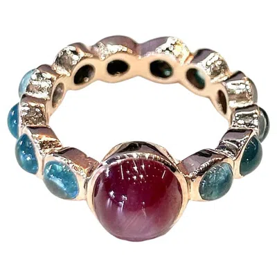 Pre-owned Bochic “capri” Vintage Ruby & Multi Blue Appetite Ring Set In 18k Gold & Silver
