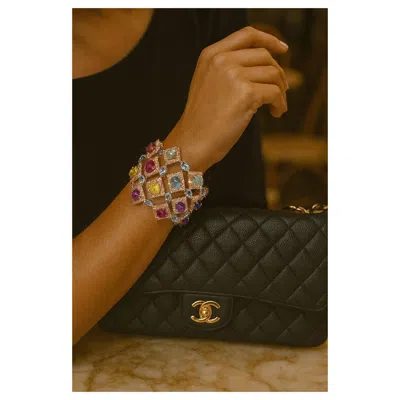 Pre-owned Bochic “capri” Vintage Ruby & Multi Color Gem & Sapphire Bangle Set 18k Gold & In Blue