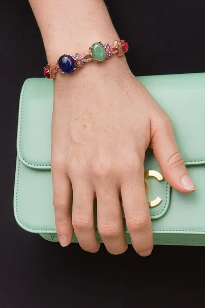 Pre-owned Bochic “capri” Vintage Ruby & Multi Color Sapphire Bangle Set 18k Gold & Silver In Blue