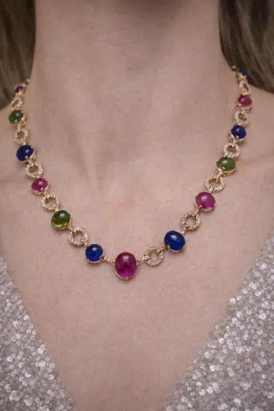Pre-owned Bochic “capri” Vintage Ruby & Multi Color Sapphire Necklace In 18k Gold & Silver In Blue
