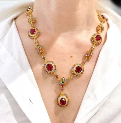 Pre-owned Bochic “capri” Vintage Ruby & Multi Fancy Color Sapphire Necklace - 18k & Silver In Blue