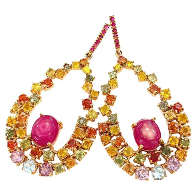 Pre-owned Bochic “capri” Vintage Ruby & Multi Fancy Sapphire Earrings-18k Gold & Silver In Blue