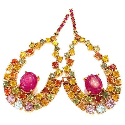 Pre-owned Bochic “capri” Vintage Ruby & Multi Fancy Sapphire Earrings-18k Gold & Silver In Blue