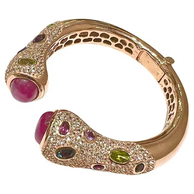 Pre-owned Bochic “capri” Vintage Ruby & Multi Gem Bangle Set In 18k Gold & Silver