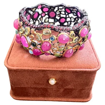 Pre-owned Bochic “capri” Vintage Ruby & Multi Gem Bangle Set In 18k Gold & Silver