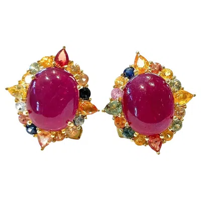 Pre-owned Bochic “capri” Vintage Ruby & Multi Pastel Tourmaline Earrings Set In 18k Gold &