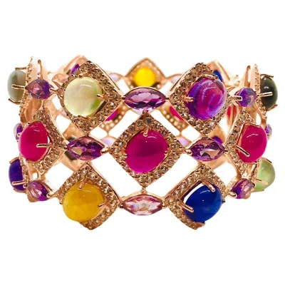 Pre-owned Bochic “capri” Vintage Ruby & Multi Sapphire Bangle Set In 18k Gold & Silver In Blue