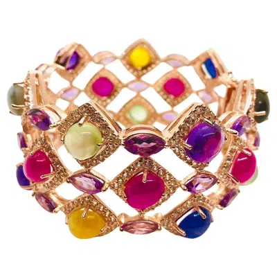 Pre-owned Bochic “capri” Vintage Ruby & Multi Sapphire Bangle Set In 18k Gold & Silver In Blue
