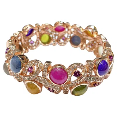 Pre-owned Bochic “capri” Vintage Ruby & Multi Sapphire Cuff Set In 18k Gold & Silver In Blue