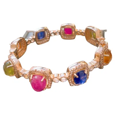 Pre-owned Bochic “capri” Vintage Ruby & Multi Sapphire Cuff Set In 18k Gold & Silver In Blue
