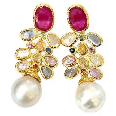 Pre-owned Bochic “capri” Vintage Ruby & Multi Sapphire Earrings Set In 18k Gold & Silver In Blue