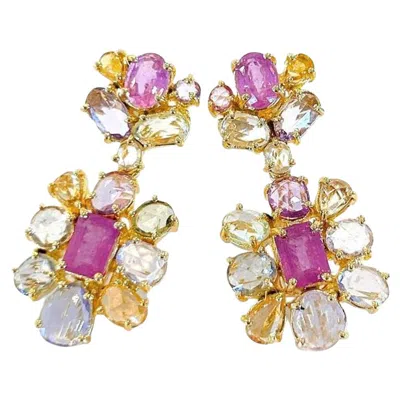 Pre-owned Bochic “capri” Vintage Ruby & Rose Cut Sapphire Earrings In 18k Gold & Silver In Red