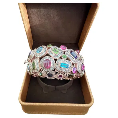 Pre-owned Bochic “capri” Vintage Ruby & Sapphire Bangle Set In 18k Gold & Silver In Blue