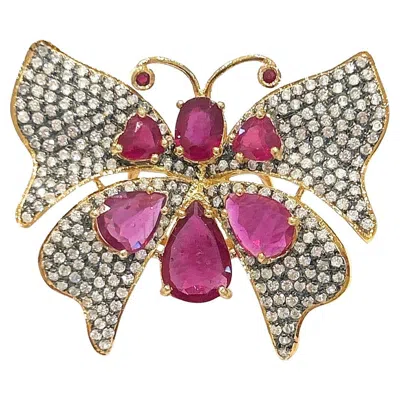 Pre-owned Bochic “capri” Vintage Ruby & Topaz Butterfly Ring Set In 18k Gold & Silver In Multi