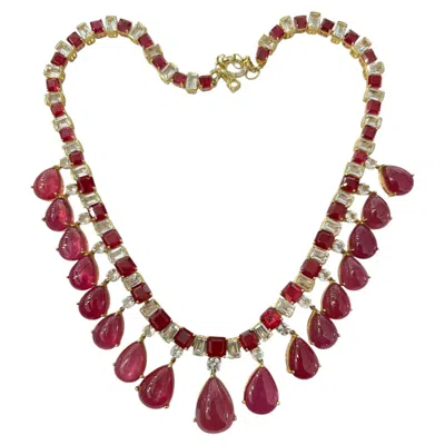 Pre-owned Bochic “capri” Vintage Ruby & White Topaz Drop Necklace Set In 18k Gold & Silver