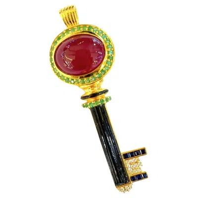 Pre-owned Bochic “capri” Vintage Ruby, Black Onyx & Tsavorite Pendent 18k & Silver