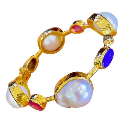 Pre-owned Bochic “capri” Vintage Ruby, Blue Opal & South Sea Pearl Bangle In 18k Gold & S
