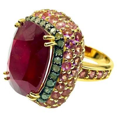 Pre-owned Bochic “capri” Vintage Ruby, Diamond & Pink Sapphire Ring Set 18k Gold & Silver