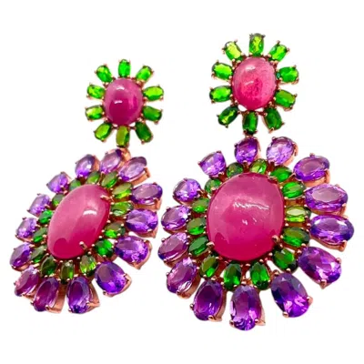 Pre-owned Bochic “capri” Vintage Ruby, Diopside & Amethyst Earrings - 18k Gold & Silver In Purple