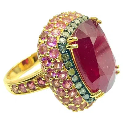 Pre-owned Bochic “capri” Vintage Ruby, Emerald & Pink Sapphire Ring Set 18k Gold & Silver