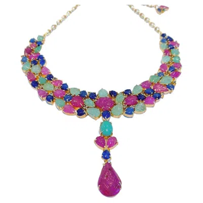 Pre-owned Bochic “capri” Vintage Ruby, Emerald & Sapphire Necklace - 18k Gold & Silver In Green
