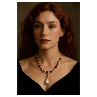 Pre-owned Bochic “capri” Vintage Ruby, Emerald & Sapphire Necklace Set In 18k & Silver In Green