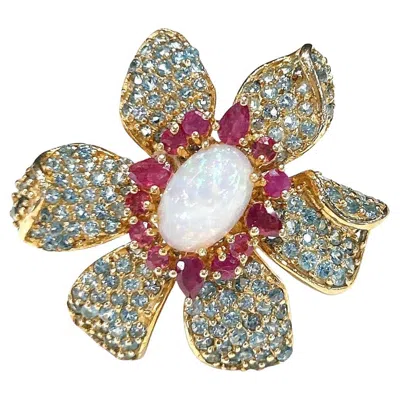 Pre-owned Bochic “capri” Vintage Ruby, Fire Opal & Blue Topaz Flower Ring 18k Gold & Silv