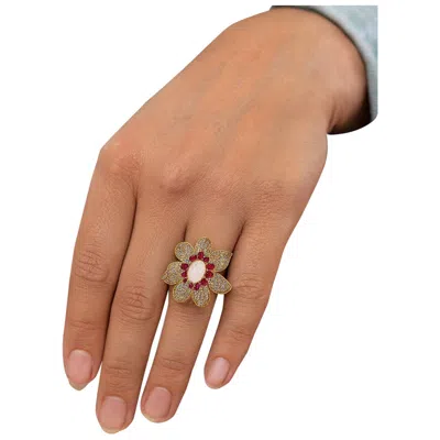 Pre-owned Bochic “capri” Vintage Ruby, Fire Opal & Topaz Flower Ring Set 18k Gold & Silver In Multi