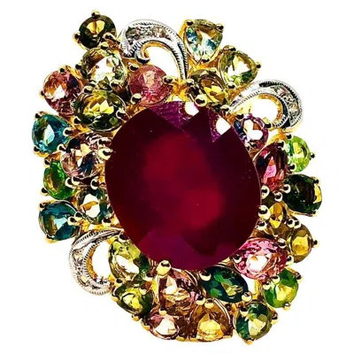 Pre-owned Bochic “capri” Vintage Ruby, Multi Sapphire & Diamond Ring Set In 18k Gold & Sil In Blue