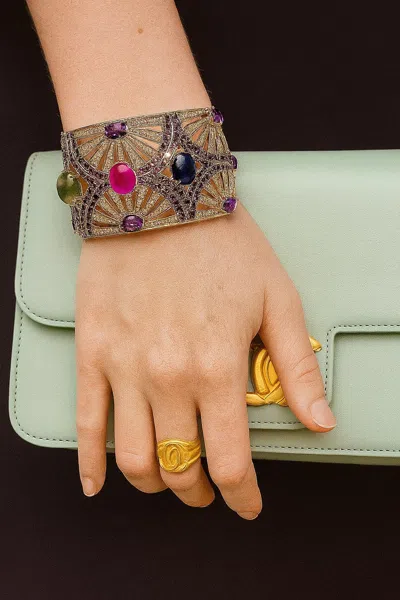 Pre-owned Bochic “capri” Vintage Ruby, Sapphire & Emerald Cuff Set In 18k Gold & Silver In Green