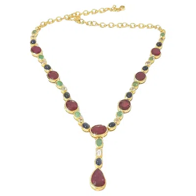 Pre-owned Bochic “capri” Vintage Ruby, Sapphire & Emerald Necklace - 18k Gold & Silver In Green