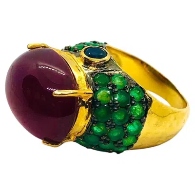 Pre-owned Bochic Capri Vintage Ruby, Sapphire & Emerald Ring In 18k Gold In Green