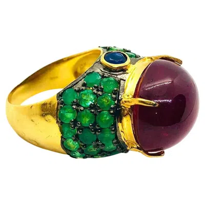 Pre-owned Bochic Capri Vintage Ruby, Sapphire & Emerald Ring In 18k Gold In Green