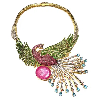 Pre-owned Bochic “capri” Vintage Ruby, Sapphire & Garant Peacock Necklace Set In 18k & Sil In Blue