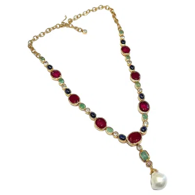 Pre-owned Bochic “capri” Vintage Ruby, Sapphire, Emerald Necklace 18k Gold & Silver In Green