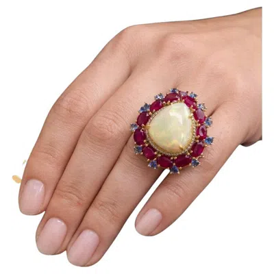 Pre-owned Bochic “capri” Vintage Ruby, Tanzanite, Opal & Diamond Cocktail Ring — 18k Gold In Multi