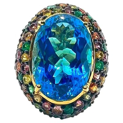 Pre-owned Bochic “capri” Vintage Sapphire, Blue Topaz & Emerlad Ring 18k Gold & Silver