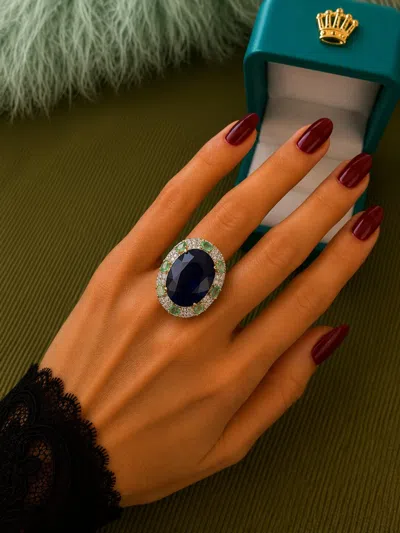 Pre-owned Bochic �capri� Vintage Sapphire, Emerald & Diamond Ring 18k Gold & Silver In Green