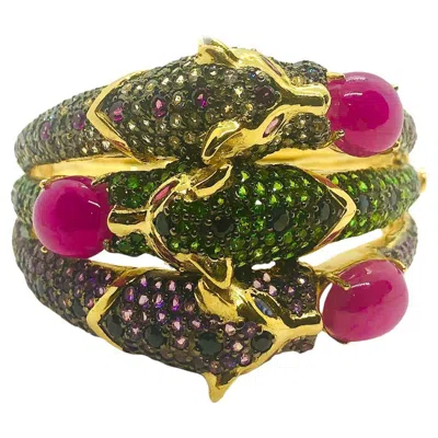 Pre-owned Bochic ‘capri' Vintage Sapphire, Ruby & Emerald Cuff In 18k Gold & Silver In Green